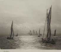 WILLIAM LIONEL WYLLIE etching - yachts at sunset with a three master in the background, signed, 20 x