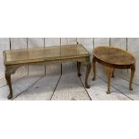 WALNUT COFFEE TABLES (2) - an oval example with piecrust edge and carved detail to the supports,