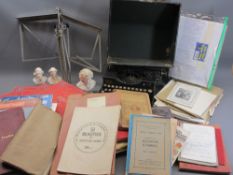 VINTAGE ROYAL PORTABLE TYPEWRITER WITH CASE, music sheet books, folding music stand and three