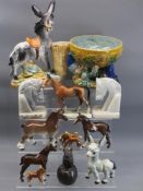 MAJOLICA STYLE 'MR PUNCH' BOWL, quantity of horse and donkey figurines, pair of horse head