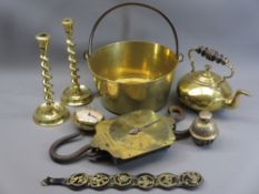 VINTAGE & LATER BRASSWARE to include an iron swing handled preserve pan, pair of twist candlesticks,