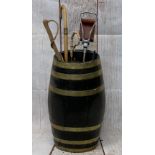BRASS BANDED OAK BARREL STICKSTAND WITH CONTENTS - 61cms H, 35cms W
