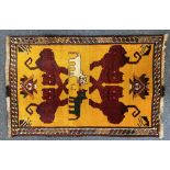 PERSIAN QASHQAI GABI HAND WOVEN IRANIAN RUG - yellow ground patterned with Chinese lions and cats