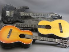 PARROT BRAND ACOUSTIC GUITARS (2) and a black Encore electric guitar, Chinese and Korean