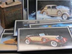 PRATT'S VINTAGE FUEL CAN WITH CAP and a set of 12 framed photographic prints of classic cars and