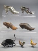 ANTIQUE TREEN SHOES & OTHER COLLECTABLES - one with carved floral decoration and slide open lid to