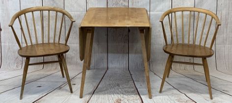 ERCOL LIGHT ELM DROP-LEAF KITCHEN TABLE & 2 CHAIRS - having curved stick backs, blue trace label