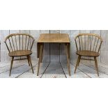 ERCOL LIGHT ELM DROP-LEAF KITCHEN TABLE & 2 CHAIRS - having curved stick backs, blue trace label