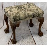 CARVED WALNUT DRESSING STOOL - tapestry style upholstered top with leaf carving to the knees on ball