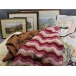 VINTAGE PATCHWORK BED COVER and other covers with a quantity of needlework and other framed