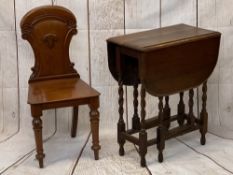 VICTORIAN MAHOGANY SHIELD BACK HALL CHAIR and a vintage oak barley twist gateleg table, 88cms H,