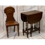 VICTORIAN MAHOGANY SHIELD BACK HALL CHAIR and a vintage oak barley twist gateleg table, 88cms H,