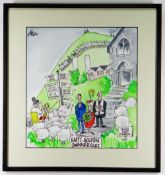 GRENFELL 'GREN' JONES watercolour - Signpost and anniversary couple, Pontypridd and rugby posts in