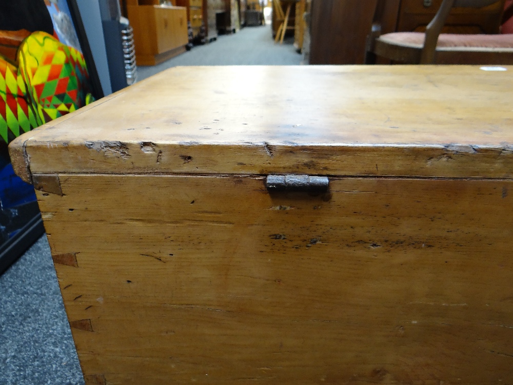 GOLDEN PINE TOOLBOX OR TRUNK, interior with candle box and lined in late Victorian newspaper, 41h - Image 11 of 24
