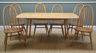 ERCOL ELM DINING SUITE, comprising table and six 'Quaker 365' chairs, table 153cms long x 77cms wide