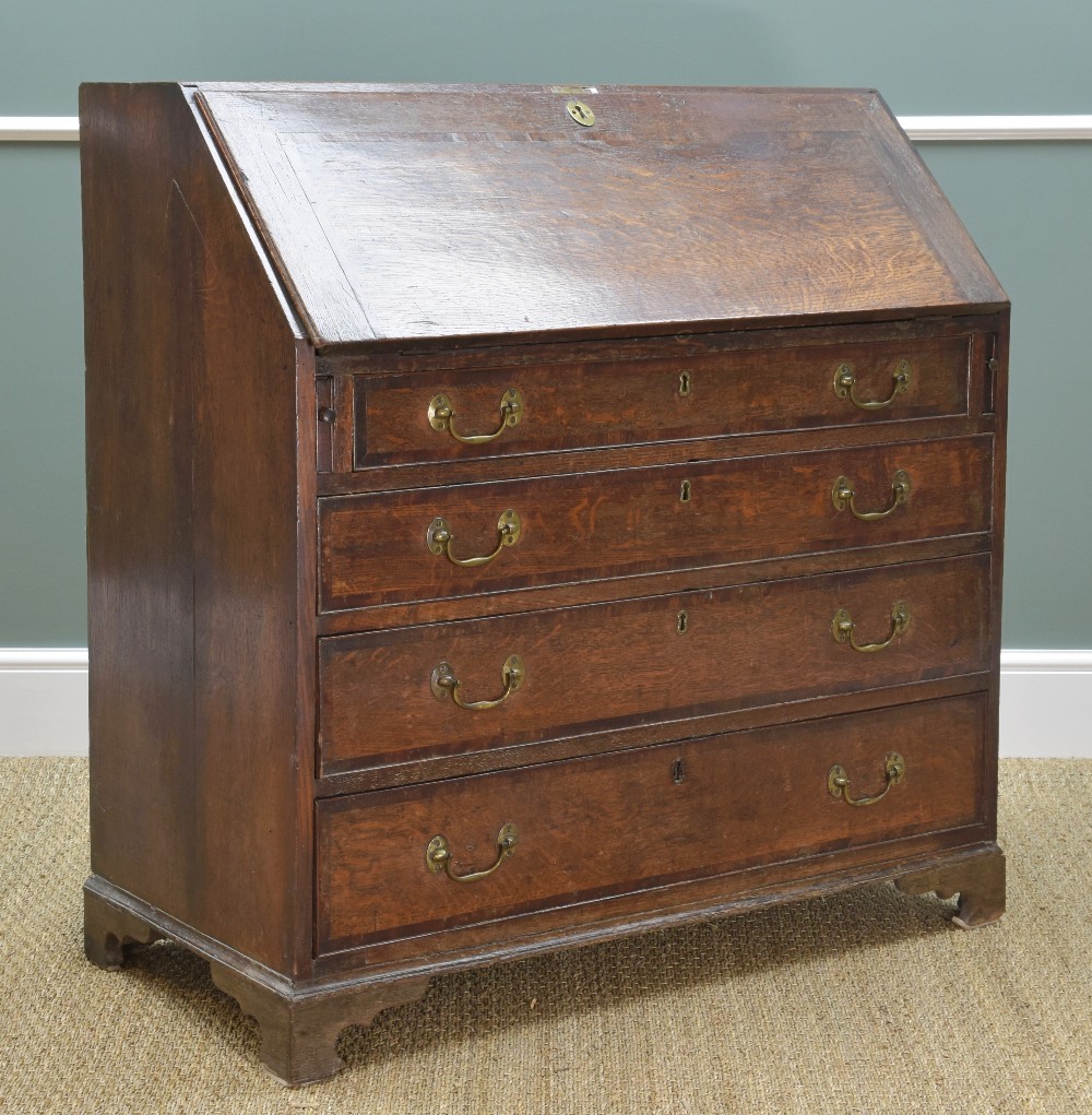 GEORGE III OAK & MAHOGANY CROSSBANDED BUREAU, angled fall, enclosing fitted interior above four - Image 3 of 3