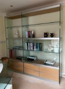 CONTEMPORARY GLASS LOUNGE UNIT, fitted with open shelves, doors and drawer bases, 215h x 205w x