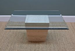 MODERN STONE INTERNATIONAL COFFEE TABLE, stepped square section column supporting bevelled glass