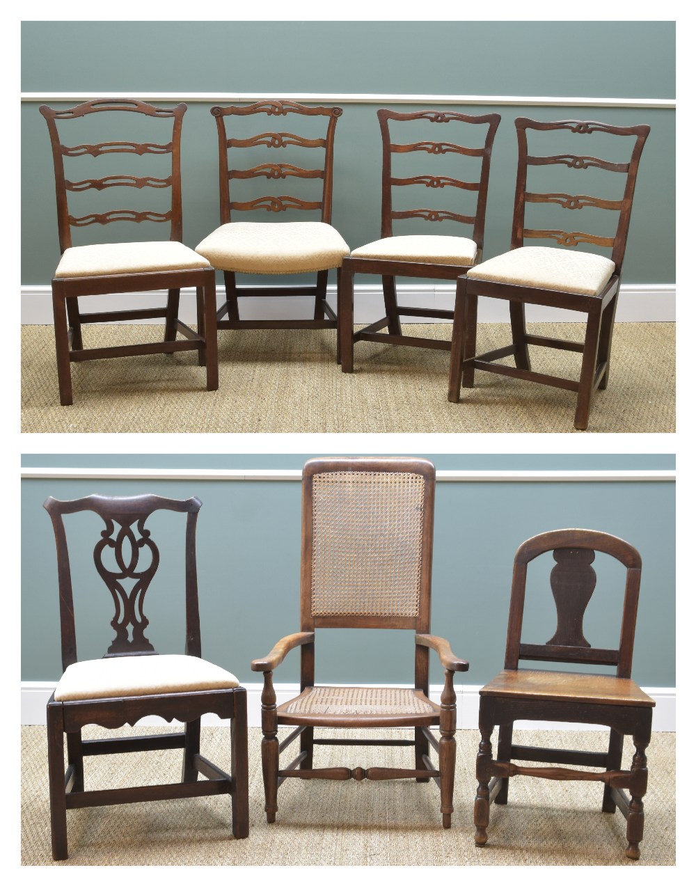 ASSORTED DINING CHAIRS including four ladderback dining chair, a Chippendale-style chair, all with