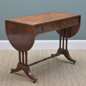 20TH CENTURY MAHOGANY CROSSBANDED SOFA TABLE, with ebony stringing, demilune drop flap top, fitted