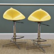 PAIR ITALIAN FASEM STEEL FIORILE BAR STOOLS, with leather seats with stitched detailing on