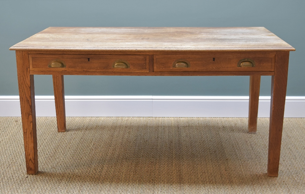 VINTAGE OAK WRITING TABLE, moulded top above two frieze drawers with brass handles, tapering