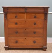 LATE VICTORIAN GOLDEN OAK TALL CHEST, fitted two cushion drawers above two short and three long,