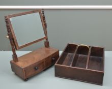 19TH CENTURY MAHOGANY KNIFE BOX, three divisions and brass handle, 38cms long, together with a small