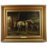 AFTER GEORGE MORLAND oil on canvas - Cart Horse in a Stable drinking form a trough, with attendant