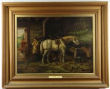 AFTER GEORGE MORLAND oil on canvas - Cart Horse in a Stable drinking form a trough, with attendant