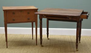 SHERATON-STYLE MAHOGANY CROSSBANDED SIDE TABLE with false drawer fall front, 78h x 67w x 46.5cms