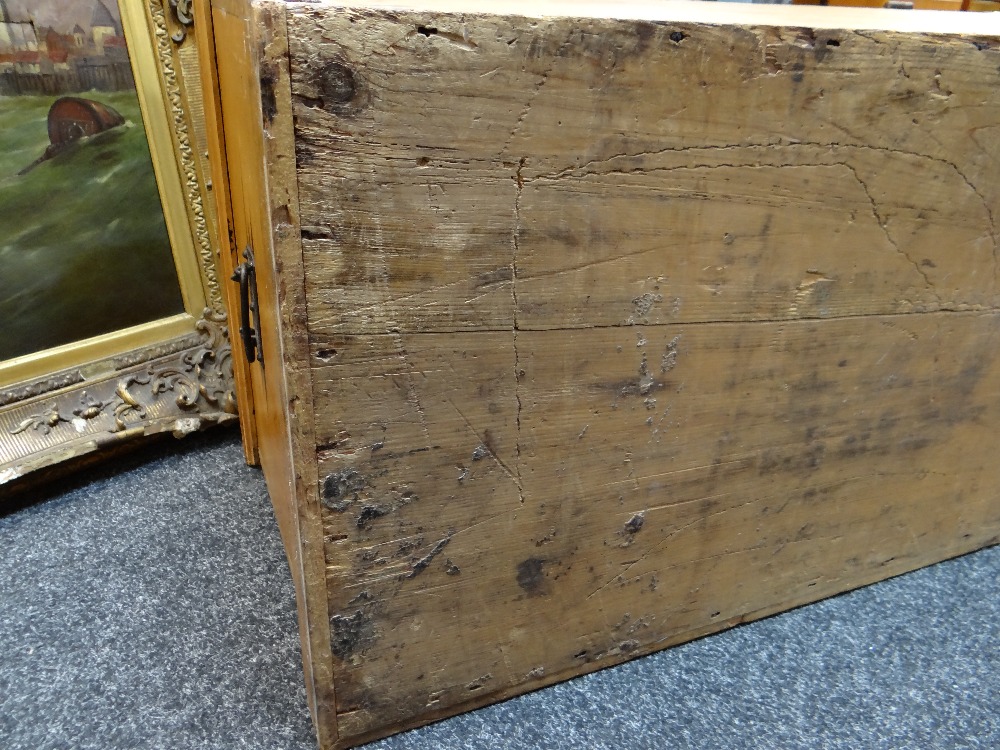 GOLDEN PINE TOOLBOX OR TRUNK, interior with candle box and lined in late Victorian newspaper, 41h - Image 22 of 24