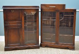 TWO 1930'S GLAZED OAK CABINETS, each fitted with shelves, drawers and or cupboards, both