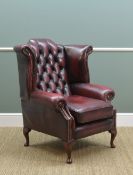 GEORGIAN-STYLE MAROON LEATHER BUTTON BACK WINGBACK ARMCHAIR, 92cms w