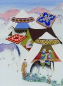 MEHDI GHANBEIGY (Iranian, b. 1943) gouache on board - Tents, horses and figures in an encampment,
