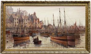 GORDON ALLEN, oil on canvas - fishing boats and ships in a northern European harbour, signed, 54 x