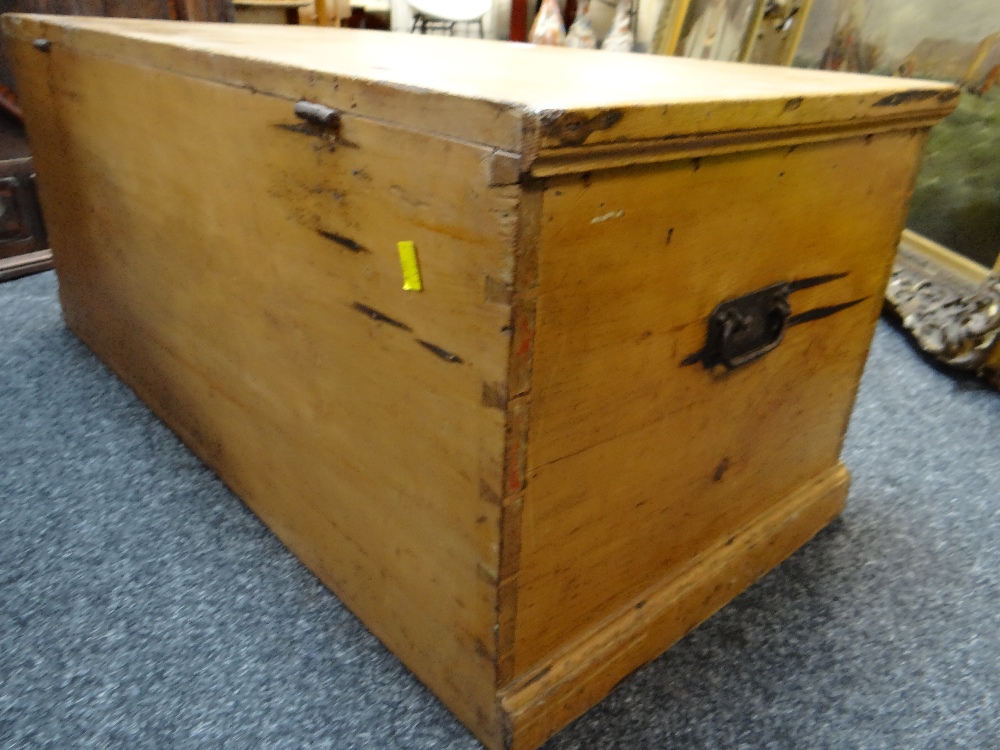 GOLDEN PINE TOOLBOX OR TRUNK, interior with candle box and lined in late Victorian newspaper, 41h - Image 8 of 24