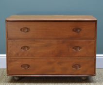 ERCOL PALE ELM CHEST, fitted three drawers, 91w x 43d x 66cms h Comments: top with stains/wear