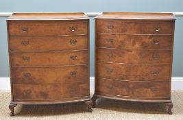 PAIR OF REPRODUCTION BURR WALNUT FIVE-DRAWER BOW-FRONT CHESTS, 102h x 82w x 51cms