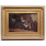 19TH CENTURY SCHOOL oil on board - Cottage interior with old flute payer and children, 30 x 46cms