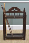 SMALL ANTIQUE OAK STICK STAND, 58cms w together with three bamboo walking canes (4)