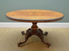 VICTORIAN WALNUT OVAL LOO TABLE with ebonised moulded edge, on baluster support and four scrolled