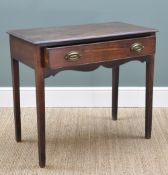 EARLY 19TH CENTURY MAHOGANY SIDE TABLE, moulded top above frieze drawer, shaped apron and tapering