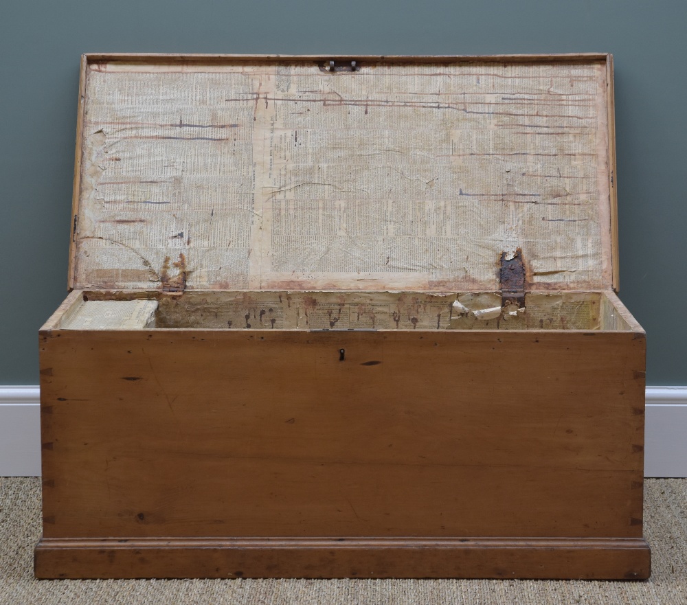 GOLDEN PINE TOOLBOX OR TRUNK, interior with candle box and lined in late Victorian newspaper, 41h - Image 3 of 24