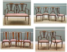 EDWARDIAN SEVEN-PIECE SALON SUITE & DINING CHAIRS, the suite with marquetry cresting rails and