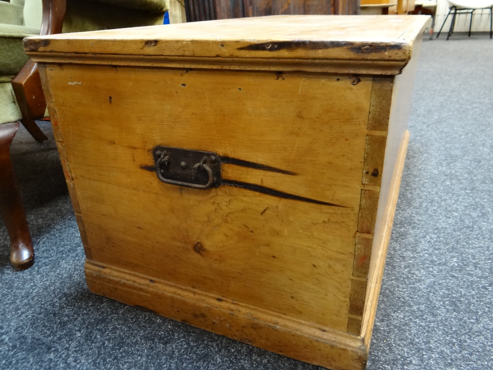 GOLDEN PINE TOOLBOX OR TRUNK, interior with candle box and lined in late Victorian newspaper, 41h - Image 7 of 24