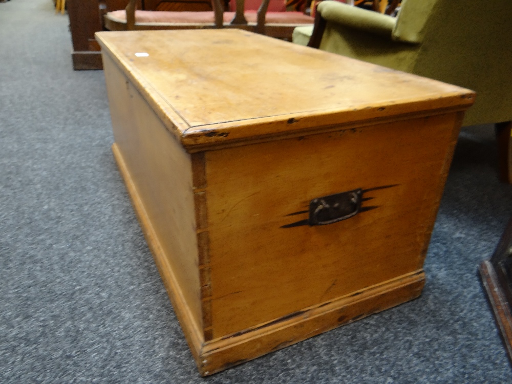 GOLDEN PINE TOOLBOX OR TRUNK, interior with candle box and lined in late Victorian newspaper, 41h - Image 5 of 24