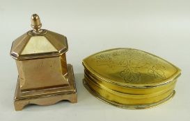 TWO 19TH CENTURY TABLE TOBACCO CONTAINERS, comprising a bell metal jar and cover with acorn