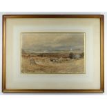 DAVID COX JR watercolour - north Wales harvesting scene and expansive landscape with distant smoking