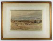 DAVID COX JR watercolour - north Wales harvesting scene and expansive landscape with distant smoking